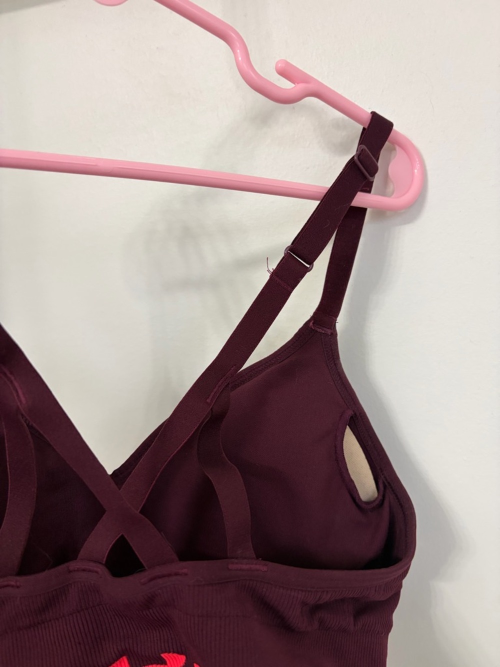 Under Armour Women's Deep Burgundy Sports Bra with Coral Logo Band - Picture 4 of 5